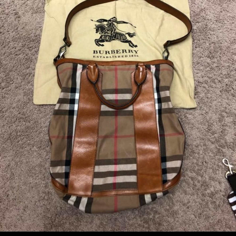 Burberry Check Canvas Leather Hobo Bag Tote - Picture 1 of 8